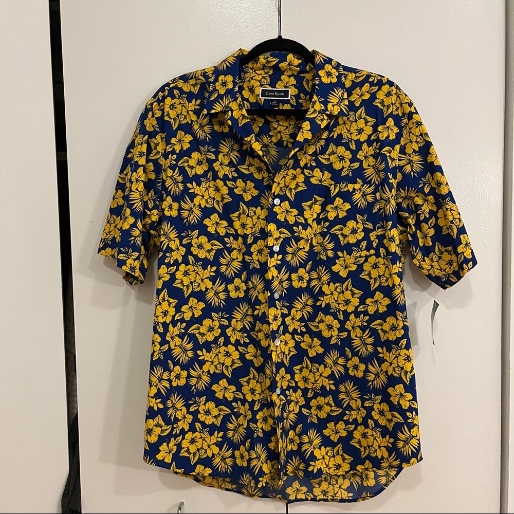 NWT Large Yellow And Electric Blue Floral Printed Oversized Short Sleeve Shirt